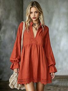 Glimmora Women's Long Sleeve V-Neck Short Dress, Autumn - Red - View 3