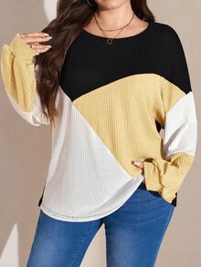 SHEIN LUNE 大尺碼休閒撞色圓領燈籠袖衛衣，秋季大尺碼女裝 - 彩色 - 查看 3