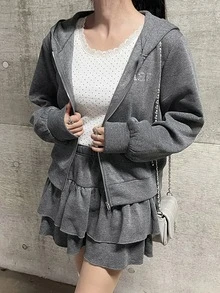 FRIFUL Women's Autumn Hooded Rhinestone Letter Layered Short Skirt 2 Pieces Set - Grey - View 3