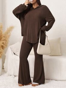SHEIN LUNE Plus Size Women's Solid Color Long Sleeve Top And Flare Leg Pants Casual Daily 2 Pieces Set - Brown - View 4