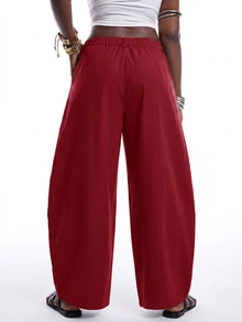 SHEIN EZwear 酒紅色秋冬復古休閒街頭風寬鬆版型軍綠色弧形下擺大尺碼長褲 - 酒紅色 - 查看 2