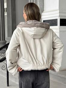 Pariaura Minimalist Reversible Hooded Zip-Front Loose Casual Padded Coat, Relaxed Fit, Flattering, Versatile - Beige - View 3