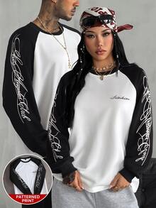 Coolane Women's Fall/Winter Streetwear Athleisure Graphics Color-Blocked Long Sleeve Sweatshirt - Black and White - View 1