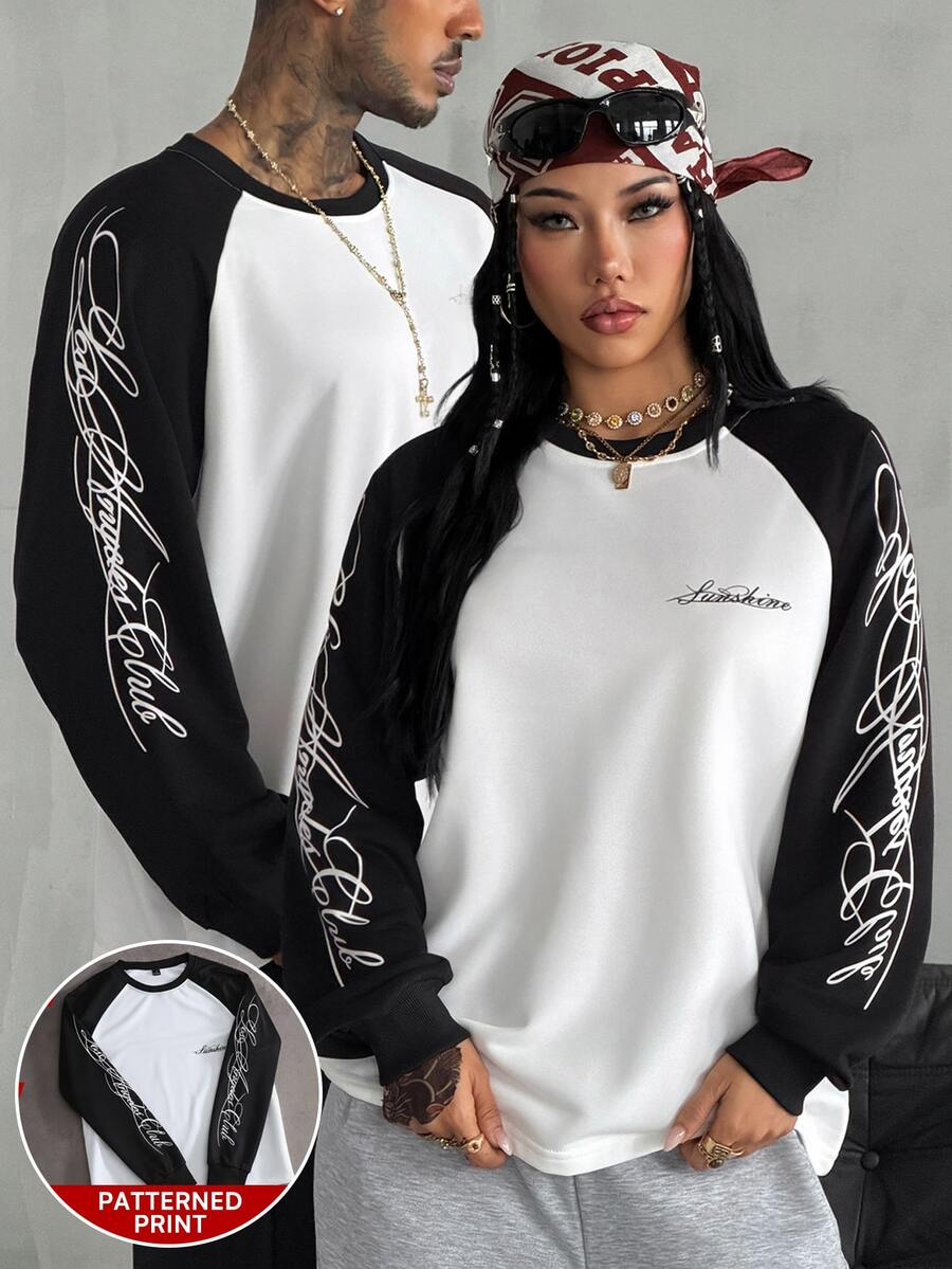 Coolane Women's Fall/Winter Streetwear Athleisure Graphics Color-Blocked Long Sleeve Sweatshirt - Black and White - View 1
