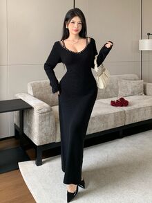 Modelyn Women's Solid Color Faux Pearl Decor Cold Shoulder Long Sleeve Fitted Elegant Knit Dress - Black - View 4