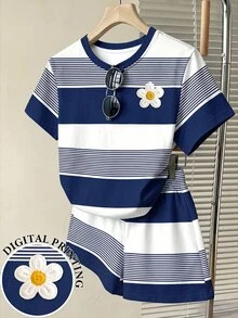 青少年女孩休閒舒適粉色條紋3D花卉圖案寬鬆圓領T恤與寬鬆短褲2件套，適合日常穿著、外出、校園、返校季，甜美酷感慵懶休閒時尚風 - 彩色 - 查看 1