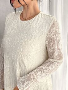 Yasmyna Solid Color Soft Style 3D Jacquard Long Sleeve Robe, Round Neck Loose Fit Full Skirt - Beige - View 7