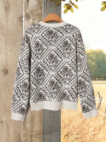 Rusticease Women's Floral Pattern Round Neck Long Sleeve Casual Sweater - Multicolor - View 2