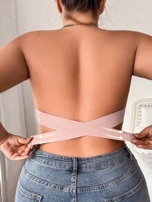 SHEIN Plus Size Strapless Women's Bra With Cross Buckle, Wire-Free Bandeau Bra, Anti-Slip, 1pc - Baby Pink - View 2