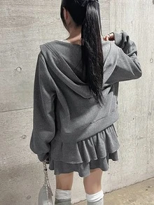 FRIFUL Women's Autumn Hooded Rhinestone Letter Layered Short Skirt 2 Pieces Set - Grey - View 2