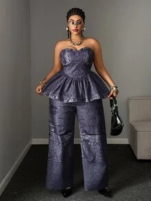 Maweii Plus Size Women's Denim Effect Print New Tube Top And Wide Leg Pants Fashion 2 Pieces Set - Dark Grey - View 3