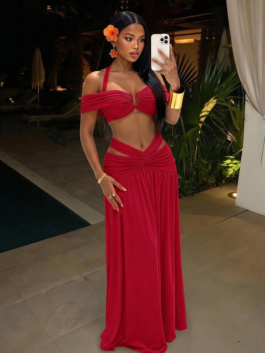 Slaydiva Summer New Sexy Elegant Vacation Birthday Party, Back To School, College Style, Student Outfit, Casual Outing, All-Match Versatile Item, Casual, Vacation, Cruise Trip, Beach, Seaside, Sunbathing Halter Neck Straight Neckline Super Short Top And A-Line Ruched Long Skirt Orange Bright Color Women's Two Pieces Set-A - Red - View 1