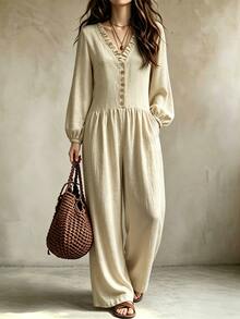 Breezaya Women's Ruched Waist Ruffle V-Neck Button Down Puff Sleeve Wide Leg Jumpsuit For Daily Vacation Wear Elegant Casual Vacation - Khaki - View 1