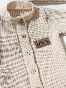 2pcs Newborn Baby Girl Knit Romper Hat Set Cute Sweet Cream Beige Ribbed Button Bear Ear Long Sleeve Round Neck Newborn Photo Winter Pullover Coat - Beige - View 6
