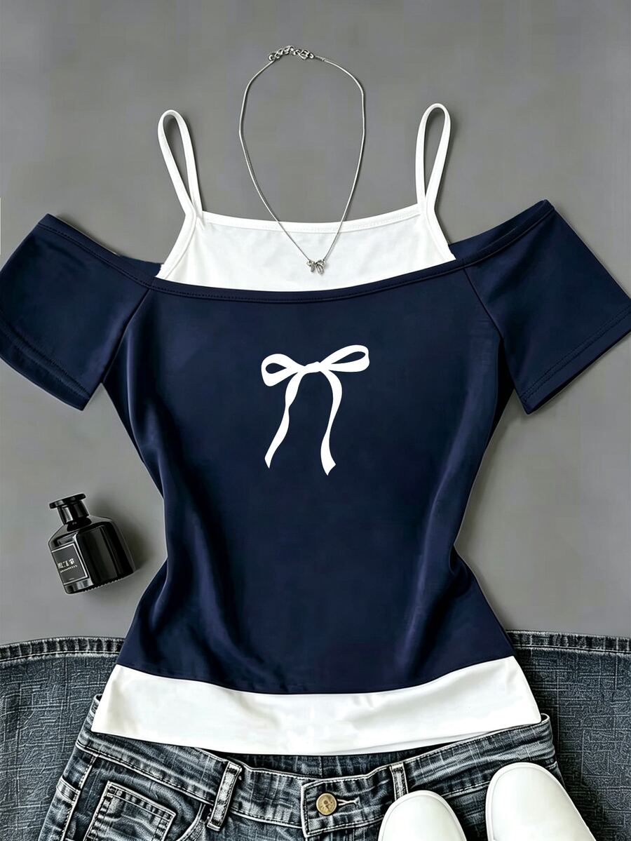 SHEIN Sparklyn 女童清新白色蝴蝶結印花 2 合 1 露肩細肩帶短袖 T-shirt 上衣 - 彩色 - 查看 1