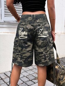 Muchica Women's Camouflage Cargo Pocket Denim Shorts - Army Green - View 2