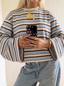 SHEIN EZwear 海外長袖條紋T恤，秋季上衣，適合日常通勤、聚會、秋冬/夏季、聖誕節、新年、感恩節、派對、婚禮、海灘、畢業典禮、優雅、外出、約會、通勤、情人節、優雅、度假、Y2K、畢業典禮及其他場合 - 彩色 - 查看 1