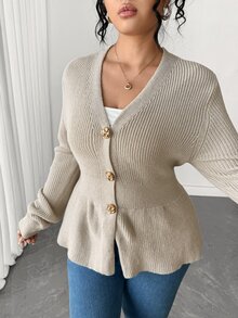 Elenzga Plus Size Women's Long Sleeve Metal Single-Breasted Minimalist Premium Knit Cardigan - Beige - View 5