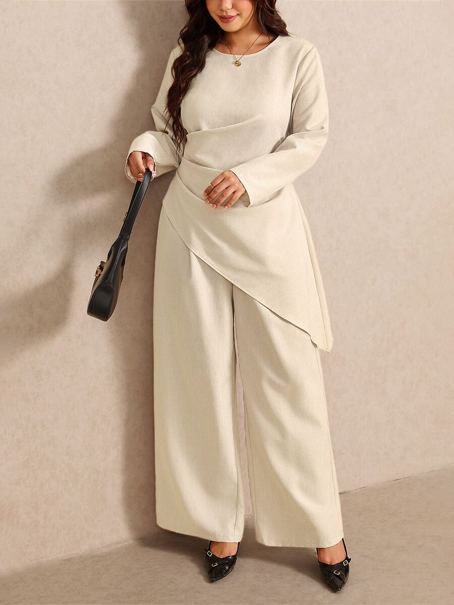 Elaquor Plus Size Women Solid Color Pleated Asymmetric Hem Blouse And Wide Leg Pants Casual 2 Pieces Set - Apricot - View 1