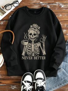 EMERY ROSE Plus Size Skull Pattern Crew Neck Long Sleeve Fashionable Women Sweatshirt Winter - Black - View 3