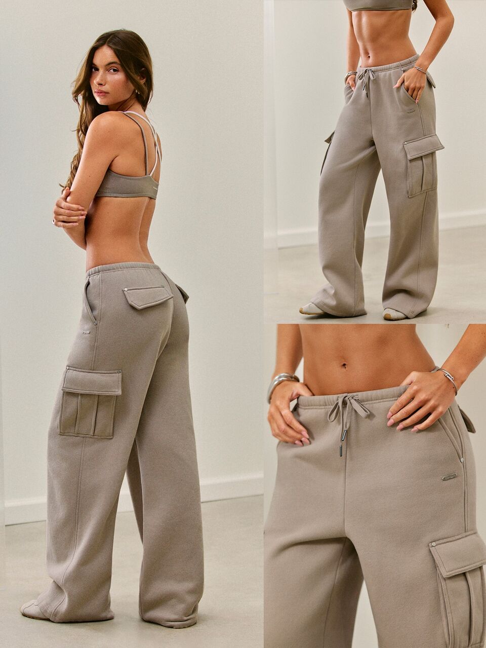 Cozy Street Collection Everyday Fleece Cozy Days Wide-Leg Cargo Sweatpants With Rivet Pocket Details Daily Casual Fall Winter Wear