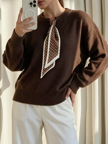 Modelyn Women's Color Block Scarf Tie Round Neck Long Sleeve Sweater, Autumn/Winter - Coffee Brown - View 2
