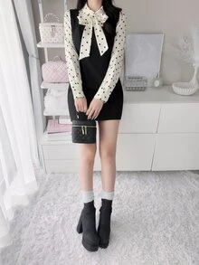 FRIFUL Women's Autumn Patchwork Polka Dot Collar Bowknot Waist Short Dress - Black - View 4