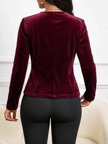 SHEIN Lady جاكيت نسائي بلون موحد كاجوال متعدد الاستخدامات للاستخدام اليومي بأكمام طويلة - عنابي اللون - مشاهدة 2