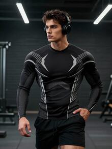 GymBeat Men's Striped Raglan Long Sleeve Casual Fitness Sports T-Shirt - Black - View 1