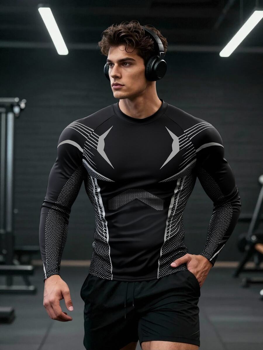 GymBeat Men's Striped Raglan Long Sleeve Casual Fitness Sports T-Shirt - Black - View 1