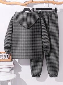 SHEIN 2件組兒童小男孩休閒日常百搭舒適拼接連帽半拉鍊套頭寬鬆長袖外套與寬鬆收口長褲，梭織兩件套，適合學校、花園、海灘、生日，春/夏季 - 黑色 - 查看 2