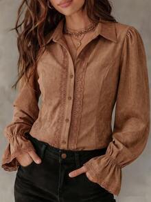 LUMIGAL Women's Autumn/Winter Long Sleeve Patchwork Lace Elegant Fashion Blouse - Brown - View 3