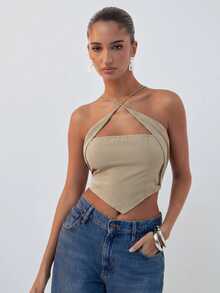 Hauture Women's Solid Color Asymmetrical Hem Criss-Cross Design Halter Tank Top - Khaki - View 6