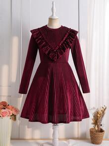 SHEIN 少女純色圓領長袖拼接荷葉邊下擺洋裝 - 彩色 - 查看 1