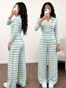 Girls' Casual Versatile All-Match Daily Slim Fit Short Pony Print Long Sleeve Knit T-Shirt Top + Elastic Straight Leg Striped Pants Set, Suitable For Daily Commute, School, Sports Wear - Blue - View 4