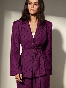 Aveloria Modichic 女款兩件套收腰寬腿褲，缺口領優雅復古商務休閒紫色波點套裝，適合辦公室秋季穿搭 - 玫瑰紅 - 查看 3