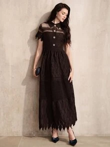 Anewsta Gaun Panjang Elegan Wanita Lengan Pendek dengan Desain Kancing dan Jala Renda Kontras - Coffee Brown - View 6