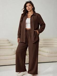 SHEIN EZwear 咖啡棕休閒女款大尺碼長袖單排扣襯衫與寬腿褲2件套 - 咖啡棕 - 查看 3