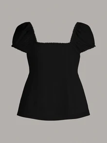 CovetEZ 大尺碼 95%棉 夏季方領泡泡袖前綁帶 T-shirt 黑色 適合夏季 - 黑色 - 查看 3