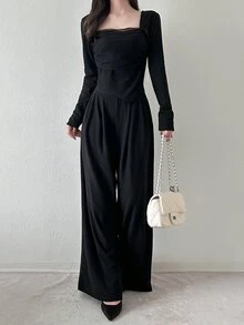 FRIFUL Bộ 2 món áo nữ mùa thu màu trơn phối vải lưới - màu nâu - Xem 3