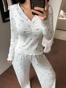 DAZY Women's Bow Print Long Sleeve Top And Pants Pajama Set - White - View 3
