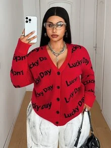 Maweii Plus Size Women's Letter Print Long Sleeve Single-Breasted Knit Cardigan Winter - Red - View 1