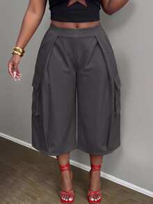 Slaydiva Plus Size Women's Pants, Burgundy Belt Cargo Pocket Wide Leg Cropped Culottes - Grey - View 10