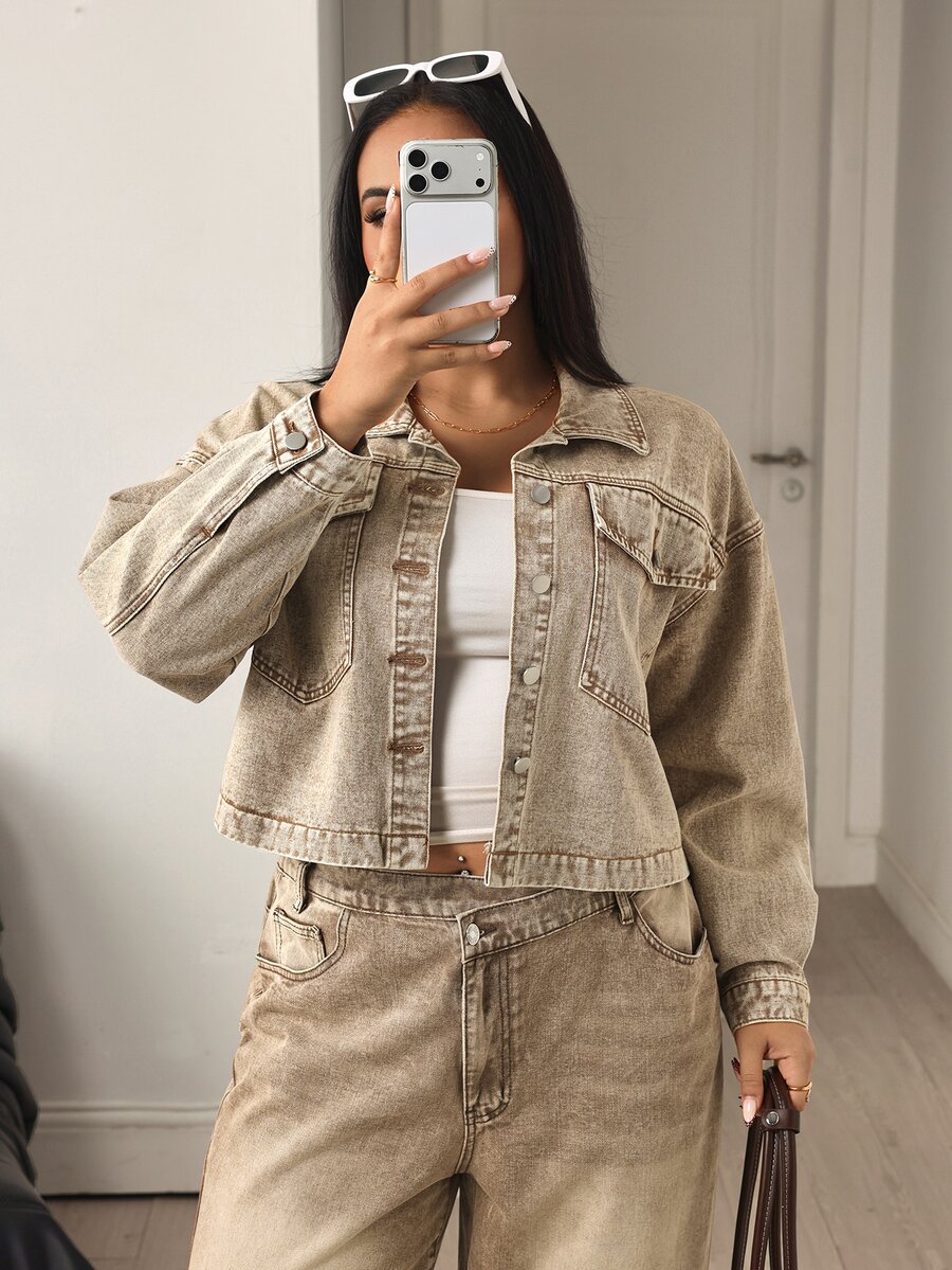 Flexra Plus Size Women's Dropped Shoulder Long Sleeve Single-Breasted Casual Denim Jacket