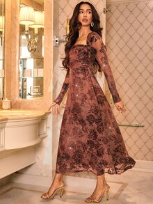 Amorya Women's Floral Jacquard Swan Collar Long Sleeve Elegant Dress - Sugar Pink - View 4