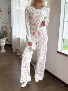 CottageSlumber Set Piyama Wanita Lengan Panjang dengan Hiasan Rumbai Bunga - Putih - View 4
