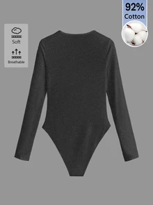 SHEIN BASICS 女款純色圓領長袖休閒連身衣T恤 - 深灰色 - 查看 2