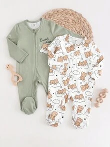 SHEIN 兒童 2件組 新生兒可愛卡通圖案長袖居家連身衣 - 綠色 - 查看 5