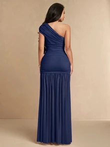 Silquee 女款純色單肩抓褶修身優雅洋裝 - 藏蓝色 - 查看 2