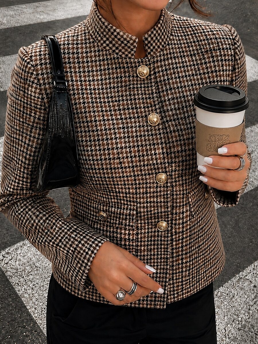 Pariaura Women's French-Style Plaid Jacket, Stand Collar & Metal Buttons, Structured Shoulder Fit, Relaxed Elegant Design For Office & Commuting, Fall/Winter - Coffee Brown - View 1